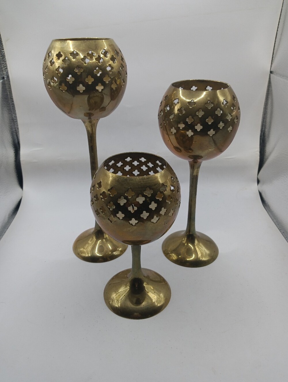 Vintage Brass Goblet Tea Light Candle Holders Pierced Cutout India Set Of 3